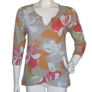 FRESH PRODUCE Top, XS, Gray, 3/4 sleeve, Floral, Layered/Petal front hem